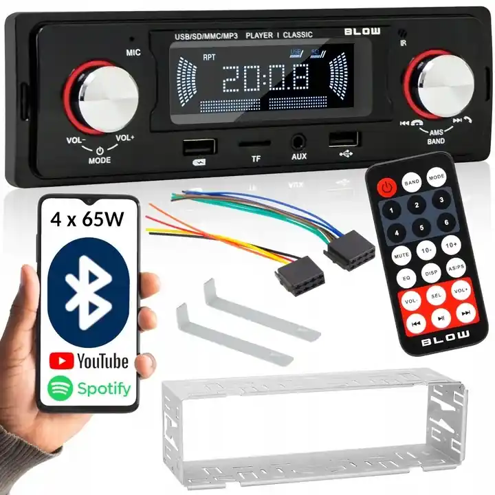 RADIO SAMOCHODOWE 1-DIN BLUETOOTH USB SD AUX RDS MP3 PILOT BATERIA ZESTAW Tylko dziś