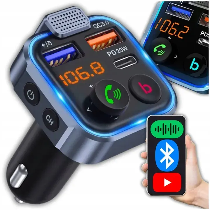 TRANSMITER BLUETOOTH FM AUDIO USB PD SZYBKA ŁADOWARKA SAMOCHODOWA 12/24V Oferta limitowana