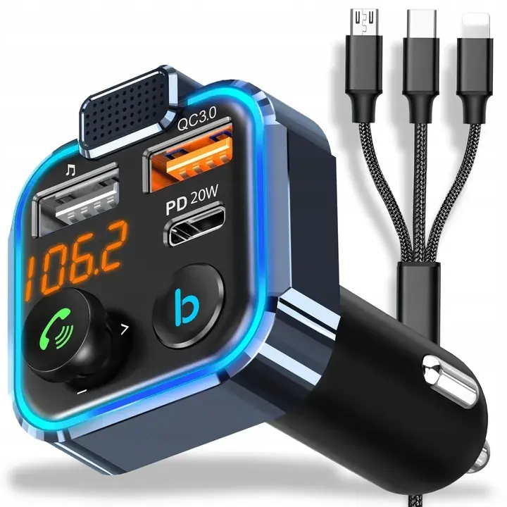 TRANSMITER FM SZYBKA ŁADOWARKA BLUETOOTH AUDIO MP3 BT 3X USB RGB Zwrot pieniędzy
