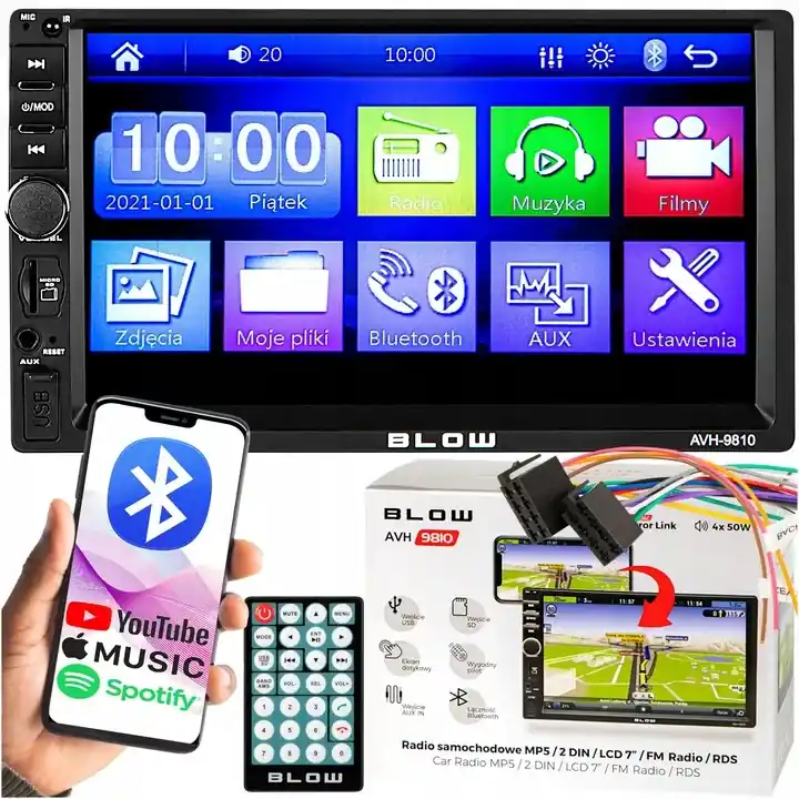 RADIO SAMOCHODOWE BLUETOOTH 2 DIN 7 CALI RDS USB AUX MICRO SD 4x50W PILOT Rabat