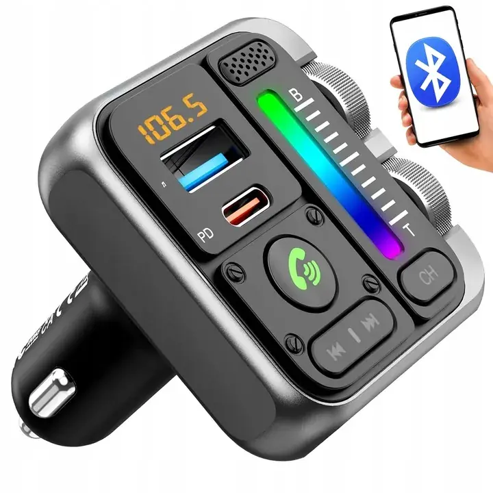 TRANSMITER BLUETOOTH AUDIO MP3 BT 5.3 2x USB RGB SZYBKA ŁADOWARKA AMBIENT Nowość