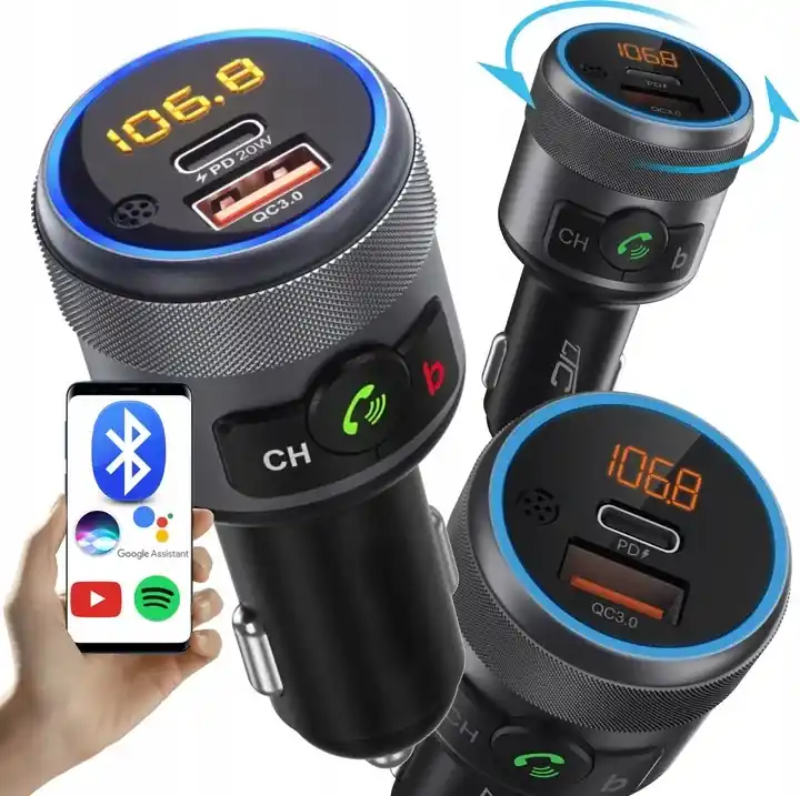 TRANSMITER FM BLUETOOTH 5.1 USB SZYBKA ŁADOWARKA QC 18W/PD 24W 12/24V BASS Tani