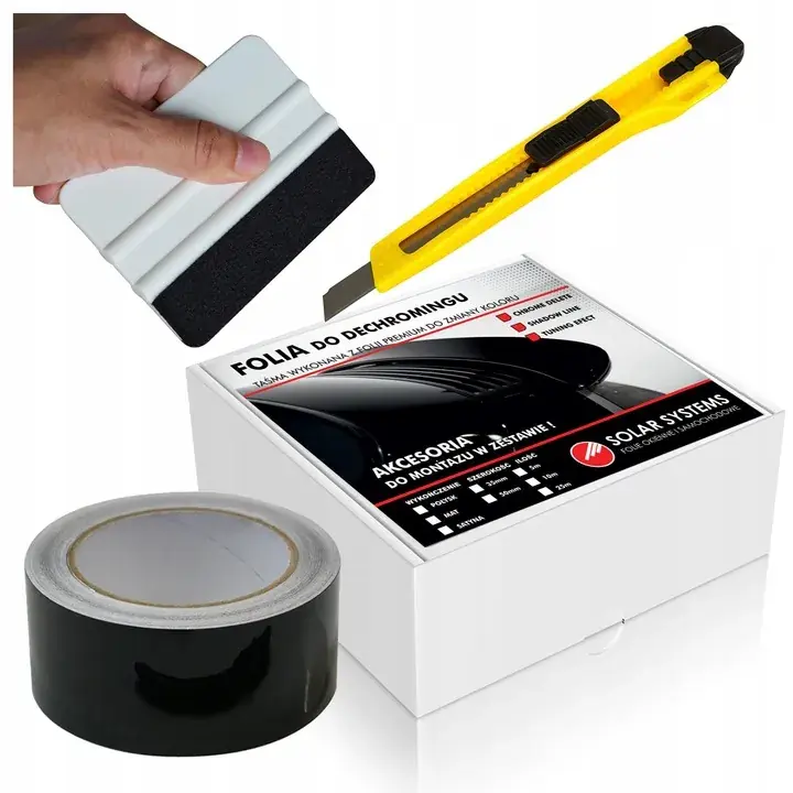 Folia Taśma Dechroming Czarny Połysk Na Listwy Progi 3,5cmx10M Rakla Nożyk Najlepsza cena