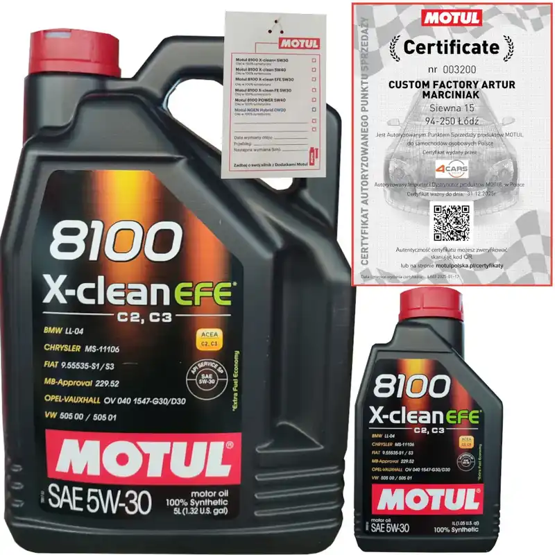 MOTUL 8100 X-CLEAN EFE 5W30 C2/C3 6L BMW LL-04 VW 505 00 + ZAWIESZKA Premium
