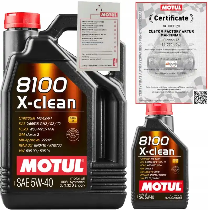 Autentyczny MOTUL 8100 X-CLEAN 5W40 C3 6L VW 505 00/ 505 01 GM DEXOS2 + ZAWIESZKA